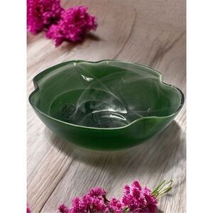 Murano Glass EMERALD Green White Wavey Rim Large Deep Bowl Vase Table Decor New